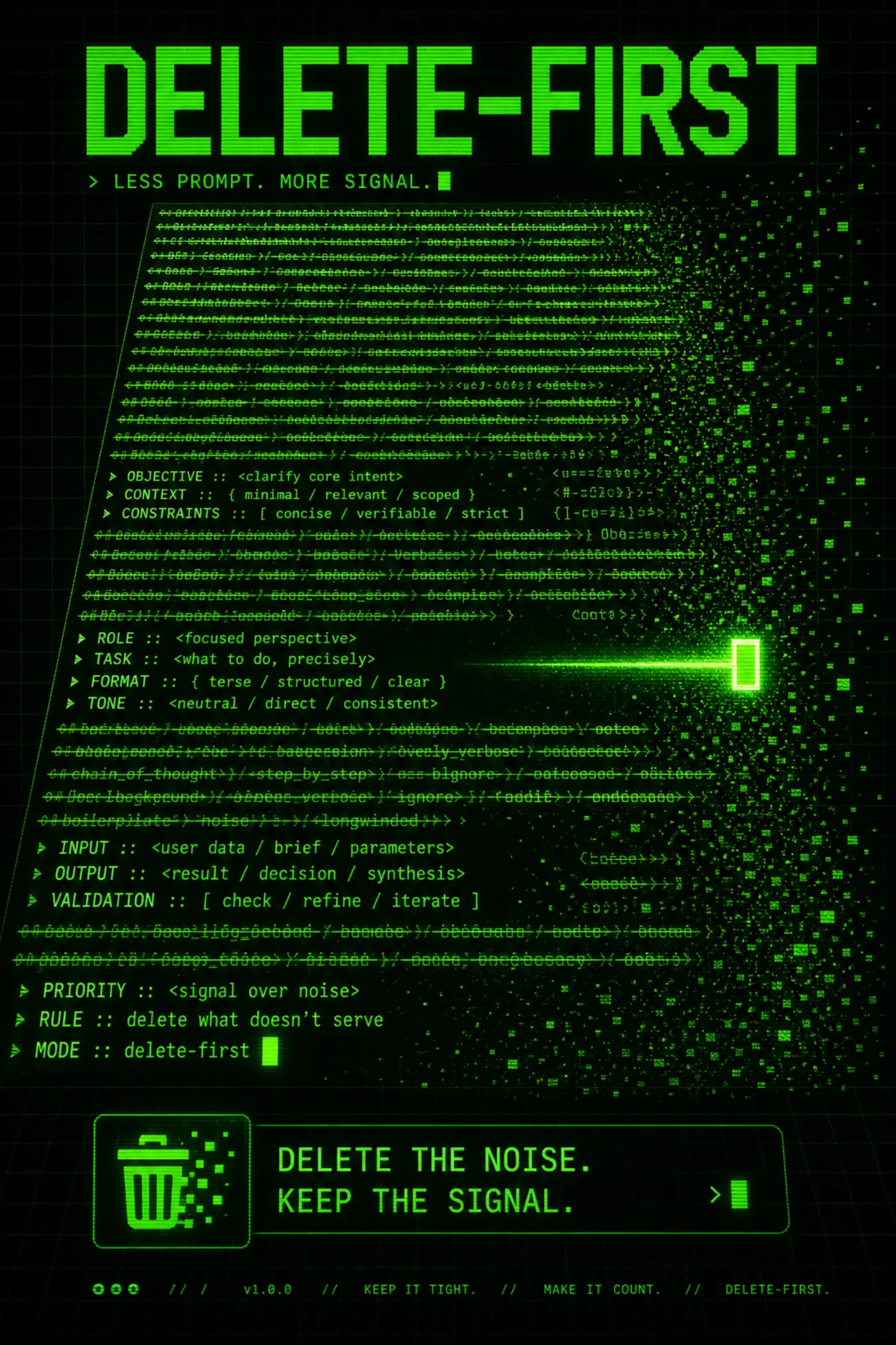 A wall of system-prompt text with 80 percent struck through and dissolving, the remainder glowing clean