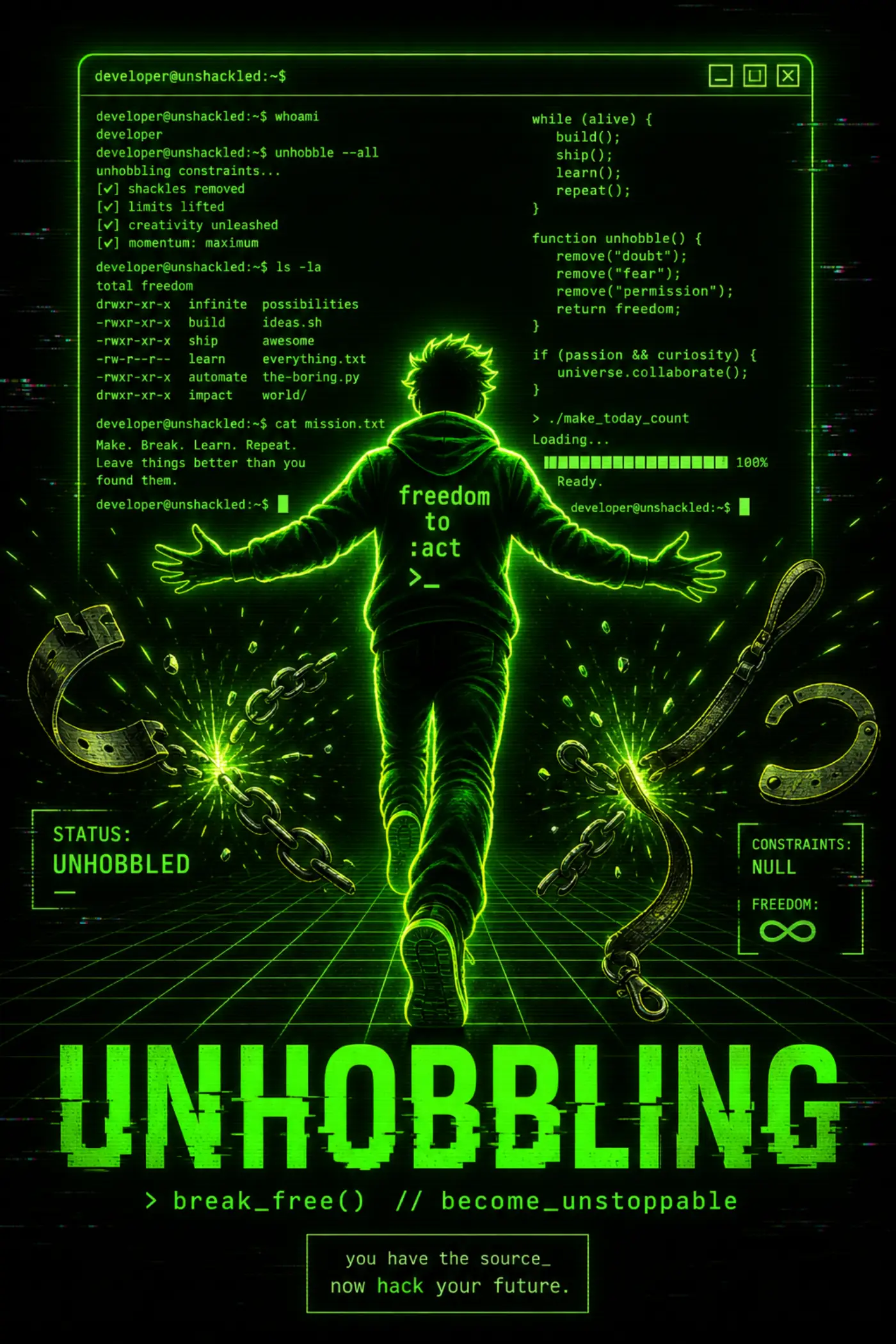 A developer breaking free of handcuffs and stepping toward a full terminal